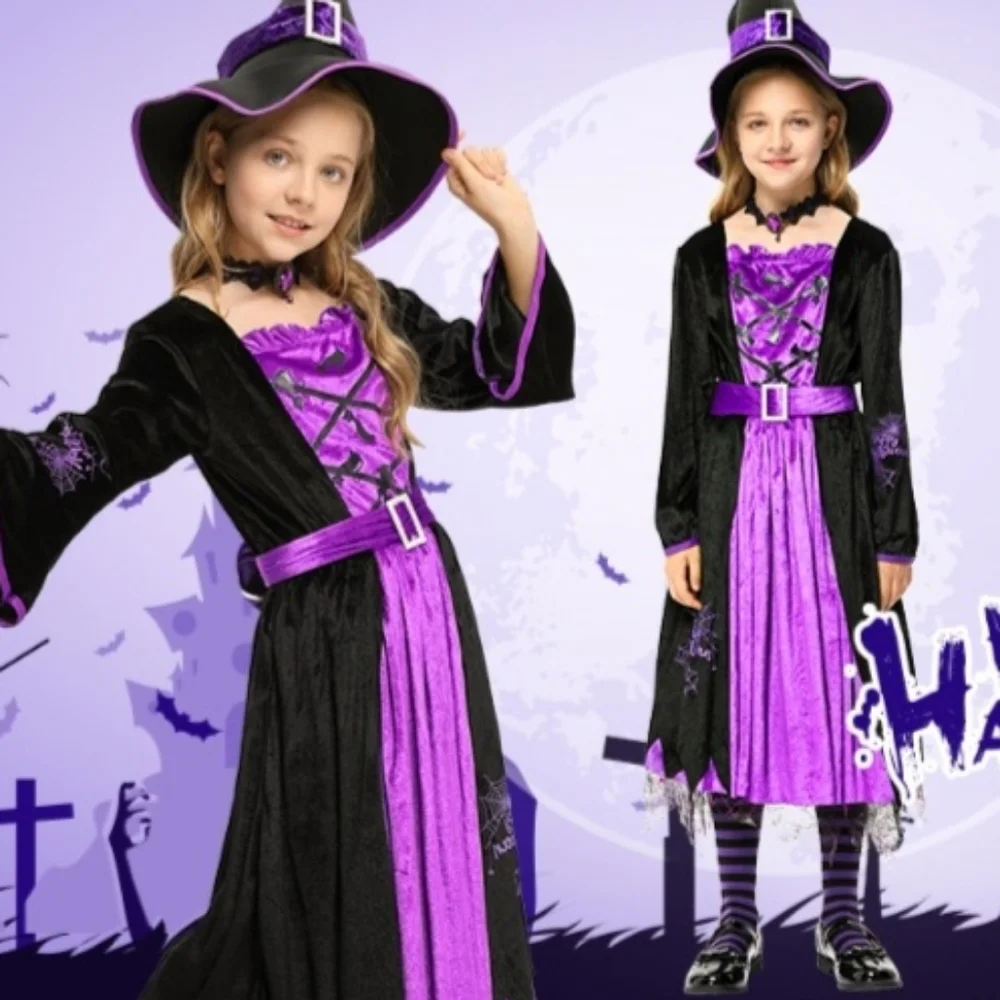 Witch Costume 5pc Halloween Set Small 5-7 Years Dress Belt Hat Choker Leggings